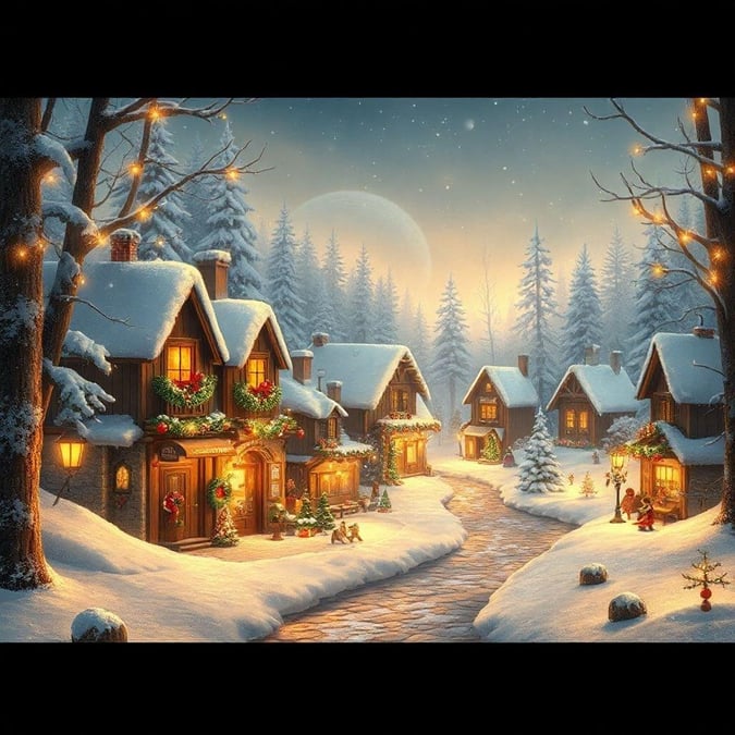 A picturesque village scene, all lit up for the holidays. The streets are blanketed with fresh snow and the houses are adorned with festive decorations and twinkling lights.