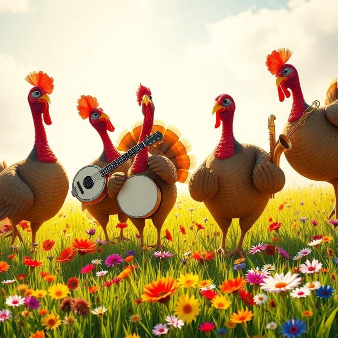 A joyful scene of turkeys playing music, celebrating the festive season.