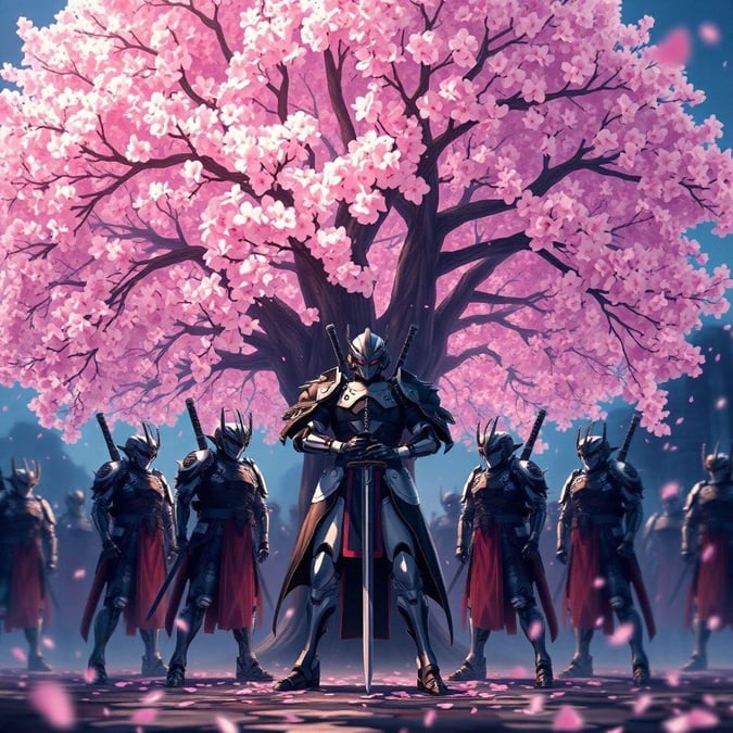 Get ready to immerse yourself in the world of anime with this stunning wallpaper featuring a group of robotic samurai warriors gathered around a majestic tree with pink cherry blossoms.