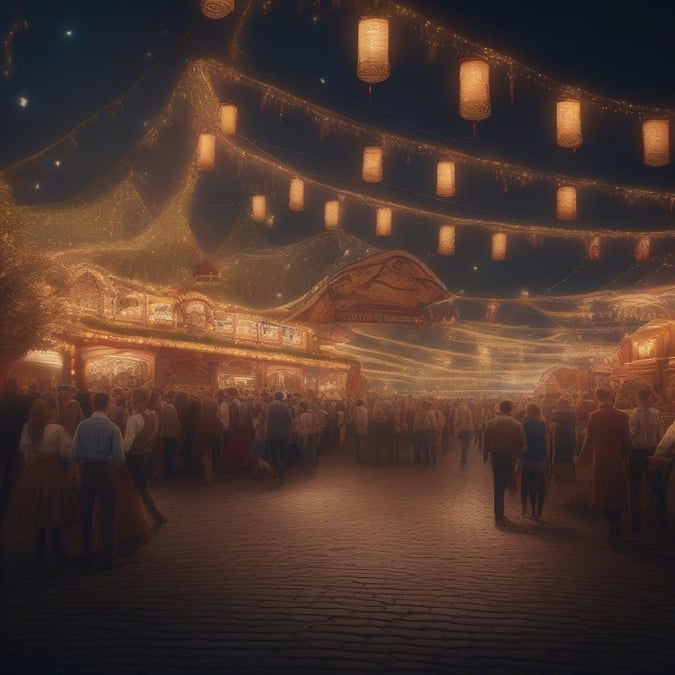 A bustling night at the Oktoberfest festival, with lantern-lit streets and booths filled with people enjoying food and drink.