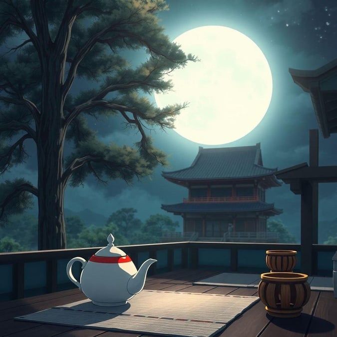 This captivating anime illustration transports viewers to a serene moonlit rooftop, where a tranquil tea ceremony unfolds. The focal point is a stunning white teapot with a striking red rim, placed alongside a traditional wooden teacup. The setting is a traditional Japanese building, surrounded by towering trees that add to the mystique of the scene. The illustration masterfully captures the essence of a peaceful evening, inviting the viewer to step into the serene atmosphere.