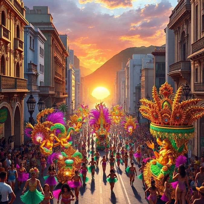 A lively parade in an urban street during sunset, with participants dressed in colorful costumes celebrating a traditional festival.