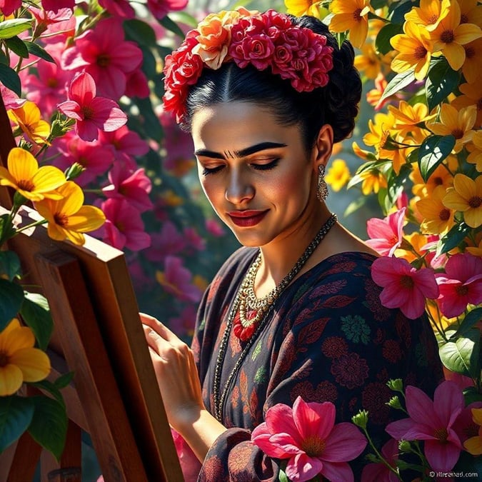 This stunning wallpaper features a beautiful painting of Frida Kahlo, surrounded by vibrant flowers and lush greenery. The artwork is a perfect blend of art and nature, making it a great addition to any room.