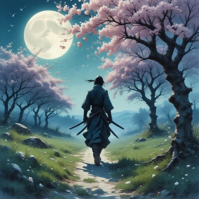 A serene yet mysterious anime scene of a lone ninja navigating through a field of blooming sakura trees under the soft glow of the moonlight.