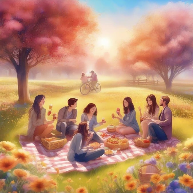 A group enjoys a picnic during the New Year celebration, surrounded by nature's beauty.