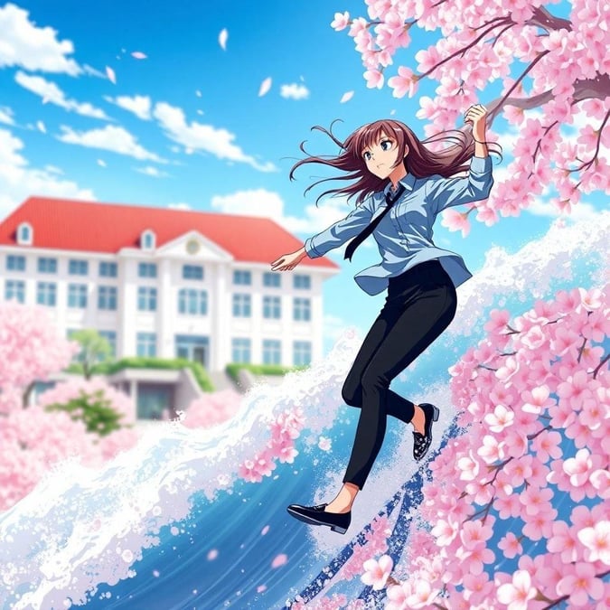 Lasciati trasportare dall'energia vibrante di questo sfondo ispirato all'anime che presenta una ragazza di scuola che cavalca un'enorme onda di fiori di ciliegio. Perfetto per l'uso su desktop e mobile, questa straordinaria immagine porterà sicuramente un tocco di cultura giapponese nel tuo spazio digitale.