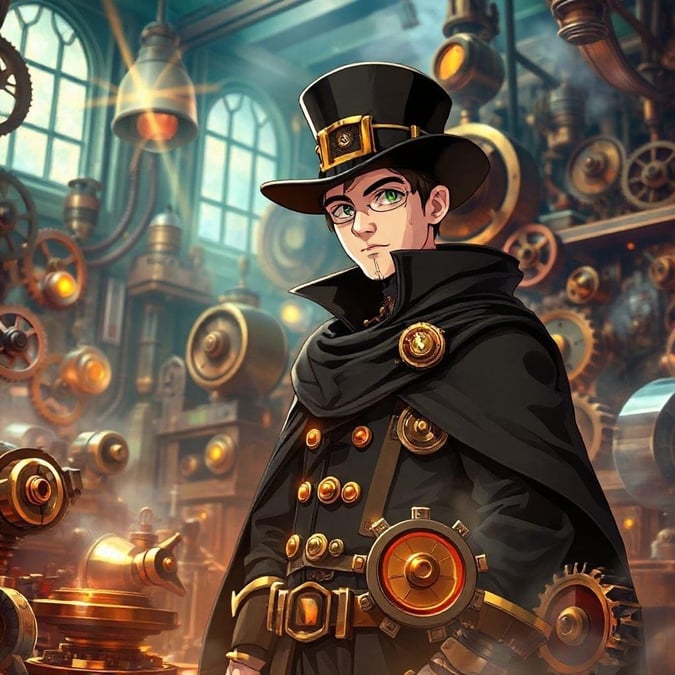 Immergez-vous dans le monde du steampunk avec ce fond d'écran anime captivant, mettant en vedette un brillant inventeur sur fond d'engrenages et de machines complexes.