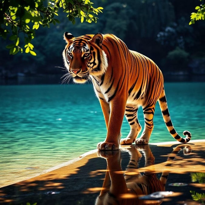 This stunning wallpaper features a majestic tiger standing by the water's edge, exuding grace and power. The serene background and vibrant colors make it a perfect addition to any desktop or mobile device.