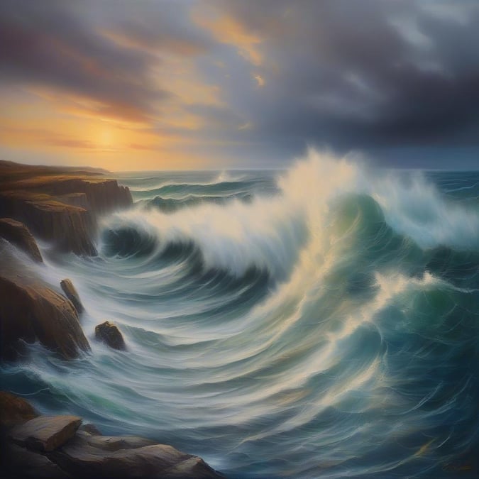 An artistic depiction of a tumultuous ocean scene at sunset, with powerful waves crashing against rocky coastlines. The sky is a dramatic blend of blue and orange hues, reflecting the sun's last rays as it sets behind the storm clouds.