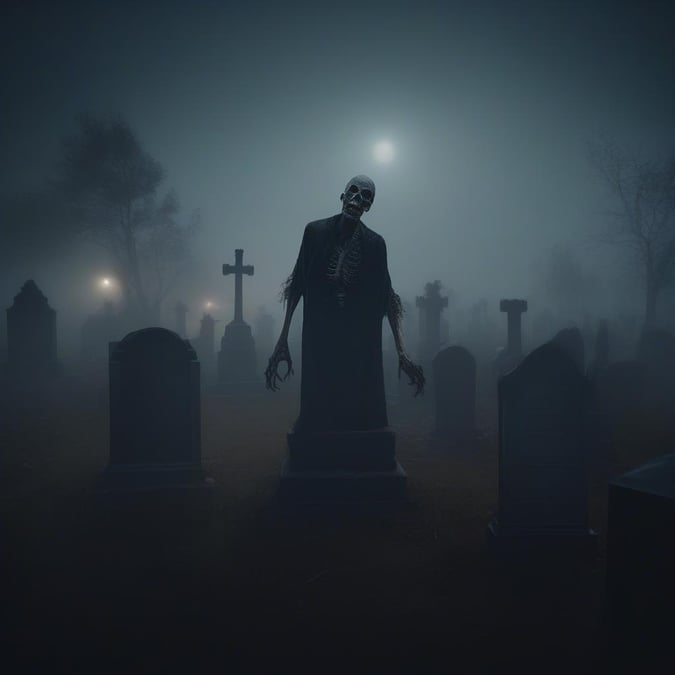 Get into the spooky spirit with this eerie Halloween wallpaper featuring a zombie standing in a graveyard. The dark and foggy atmosphere creates a chilling effect, perfect for adding a touch of horror to your desktop or mobile device.