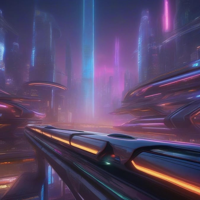 Explore the neon lights of a futuristic city, where high-tech transportation takes you through an otherworldly landscape.