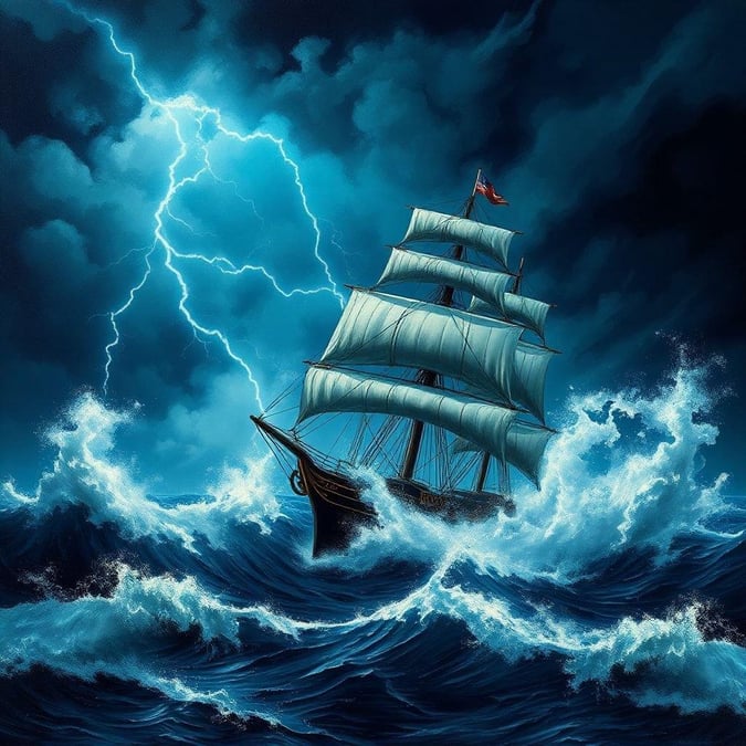 A powerful sailing ship braves the tempestuous ocean, with lightning crackling above, symbolizing the adventurous spirit.