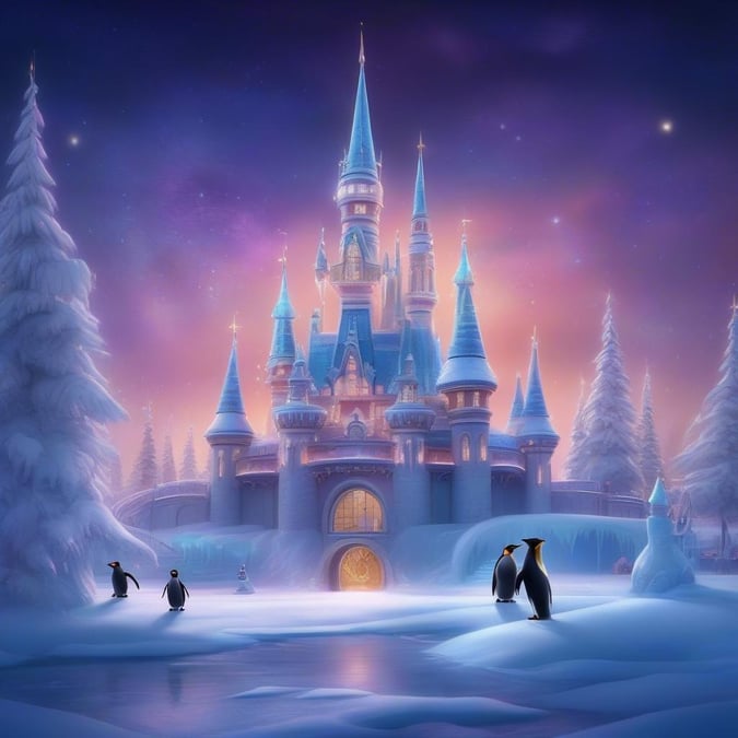 Step into a magical world with this enchanting Disney castle wallpaper, perfect for adding a touch of whimsy to your desktop or mobile device. The castle's majestic spires and towers are nestled among snow-covered trees, creating a serene and peaceful atmosphere.