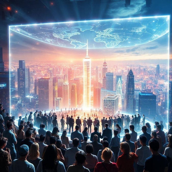 This digital artwork captures the essence of modern technology, presenting a grand city skyline within an immersive virtual reality environment. The image encapsulates the potential for urban life to be enhanced by cutting-edge technologies that blend the physical and digital worlds.