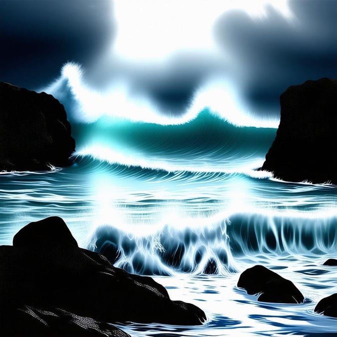 A tranquil view of the ocean, with waves crashing into the jagged rocks at low tide. The atmosphere is serene yet dramatic due to the mist and the raw beauty of nature.