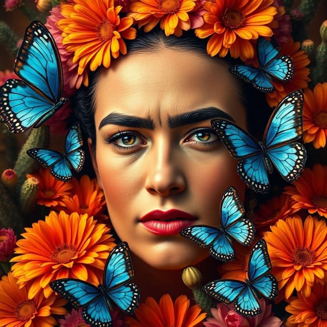 This stunning wallpaper features the iconic Mexican artist Frida Kahlo surrounded by vibrant blue butterflies, set against a backdrop of beautiful orange flowers. The image is a perfect blend of art and nature, capturing the essence of Frida's unique style and the beauty of the natural world.