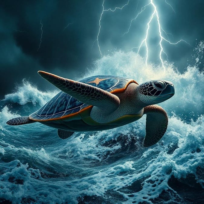 A sea turtle leaps over a wave, ready to face the next adventure. The stormy sky above sets an epic scene for this majestic creature.