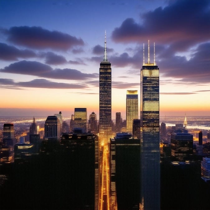 The Chicago skyline at sunset, with the sun dipping below the horizon, casting a warm orange glow over the city.