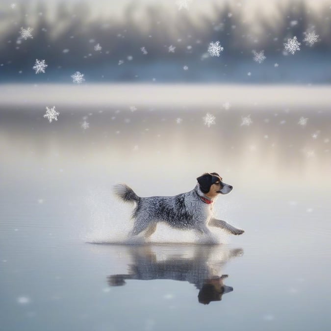 En lekfull scen av en hund som glatt springer genom fallande snöflingor och väcker en känsla av äventyr och vinterns skönhet.