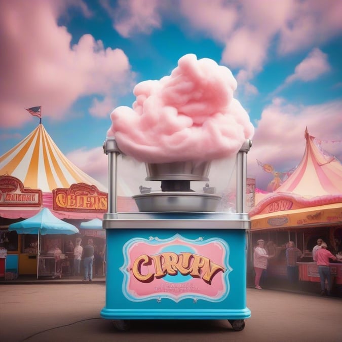 Experience the joy of making cotton candy at the carnival with this vibrant machine. Perfect for a sweet treat on the go.