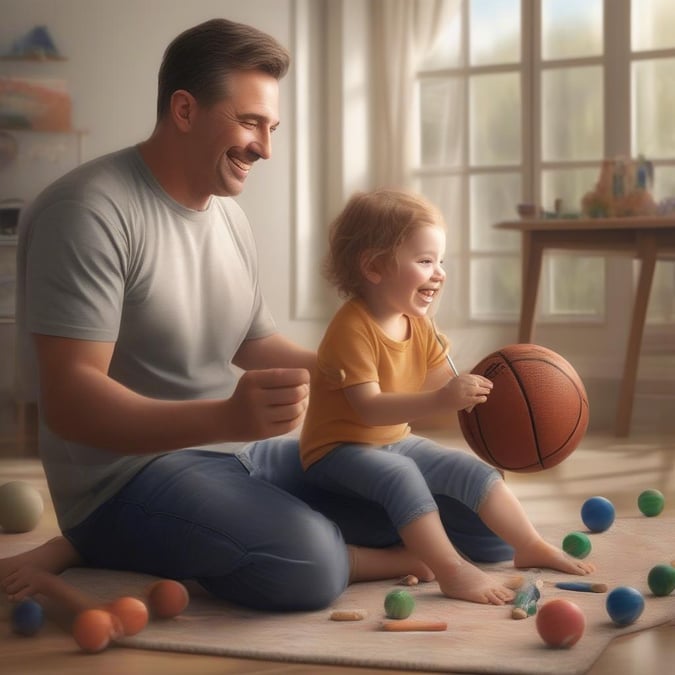 This heartwarming image captures the joy of fatherhood, perfect for Father's Day celebrations. A dad and his little one are lost in laughter and play, surrounded by colorful balls and toys, creating a delightful scene that celebrates the special bond between a father and child.