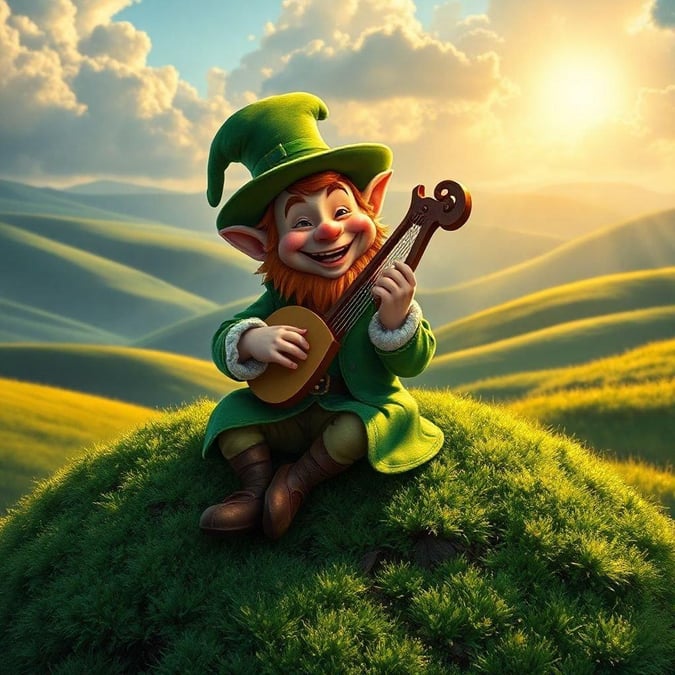 A cheerful St. Patrick's Day scene featuring an animated leprechaun playing a fiddle, set against the backdrop of a verdant landscape under a bright sky.