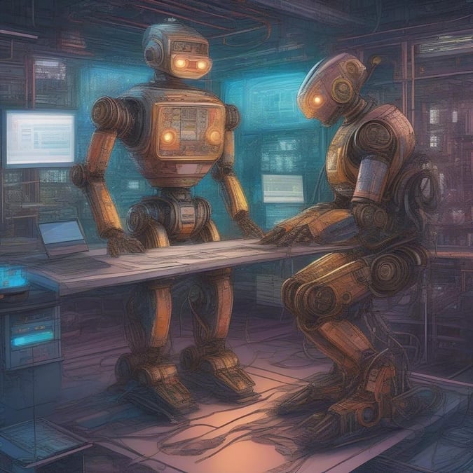 In this digital landscape, robots gather around a table to discuss their place in the world. Each robot brings its own unique perspective, contributing to a symphony of mechanized minds.