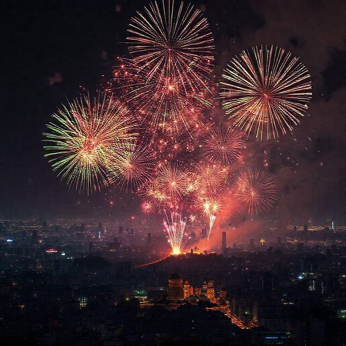 An exuberant nighttime scene from a city that has just celebrated Diwali with spectacular fireworks illuminating the sky against the backdrop of an urban landscape.