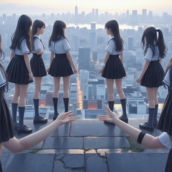 A group of schoolgirls share a bonding moment as they stand on a city rooftop at dusk. Their hands form a heart shape, symbolizing their friendship against the backdrop of a bustling metropolis.