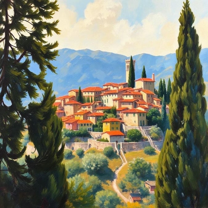 This beautiful painting captures the essence of a small mountain town, with its charming architecture and stunning natural surroundings.