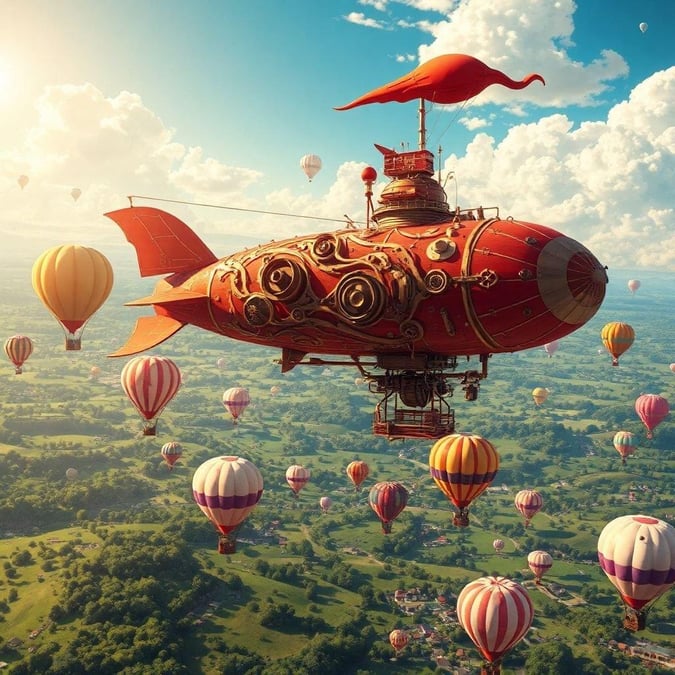 Vivez le frisson de l'aventure avec ce magnifique dirigeable steampunk s'élevant au-dessus d'un paysage vibrant de montgolfières. Les motifs complexes et le schéma de couleurs rouge et orange vif du dirigeable créent un contraste captivant avec l'environnement luxuriant.