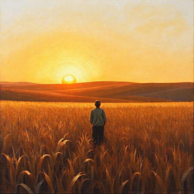 A tranquil sunset over golden fields, embodying the spirit of Thanksgiving with a bountiful harvest.