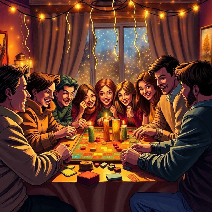 A cheerful group of friends gather to celebrate the start of a new year. They are enjoying a board game together around a cozy table lit with festive lights. The warmth and joy in the room radiate like the candles on the cake.