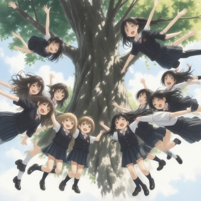 A group of eleven anime schoolgirls are captured in a joyful moment, their arms raised and heads tilted back as they laugh at the ground.