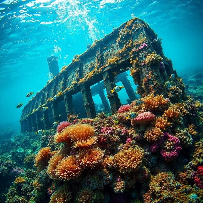 This stunning wallpaper captures the beauty of an underwater shipwreck, teeming with life and color. The vibrant coral and fish add a pop of color to the otherwise somber scene, creating a unique and captivating visual experience. Whether you're a fan of the ocean or simply appreciate the beauty of nature, this image is sure to leave you in awe.