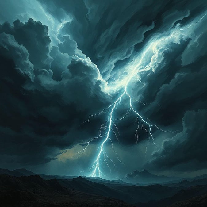 The sky, awash with heavy clouds, heralds the arrival of a powerful storm. The tumultuous weather, filled with lightning bolts and thunder, casts an ominous shadow over the landscape below. Yet, amidst this turbulence, there is a certain majesty to nature's display of raw power.