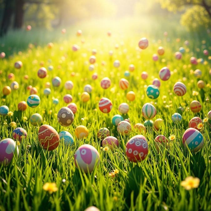 A field bathed in sunlight, filled with vibrant eggs scattered about, ready to bring joy on this festive occasion.