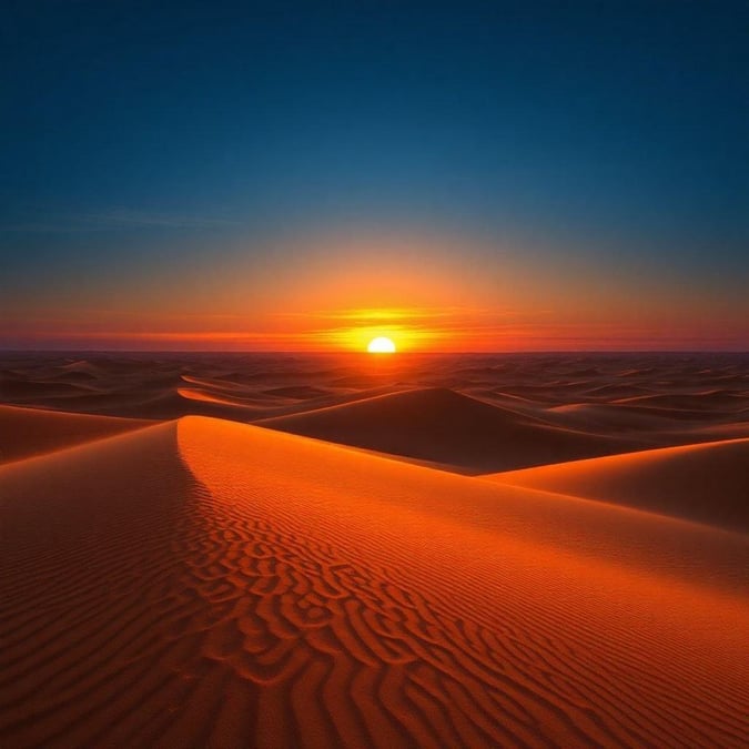 A serene desert sunrise with dunes stretching to the horizon. A tranquil scene for mindfulness and reflection.