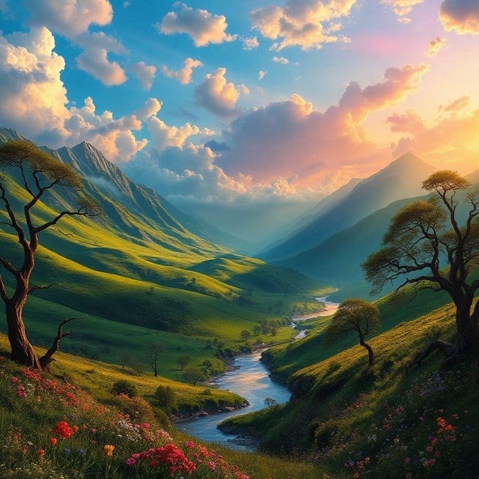 Escape to a world of peace and tranquility with this breathtaking landscape wallpaper, featuring rolling hills, a winding river, and majestic mountains under a brilliant blue sky.