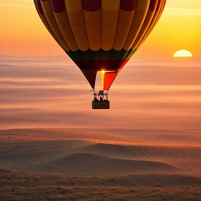 Embark on an adventurous hot air balloon ride at sunset, soaring high above the desert with a breathtaking view of the setting sun. Experience tranquility and serenity as you float over the mesmerizing landscape.