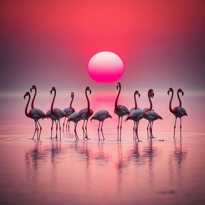 A serene and breathtaking view of a sunset with flamingos in the foreground, set against a vibrant orange and pink sky.