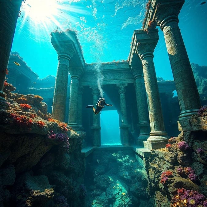 A breathtaking scene where an adventurous diver explores ancient submerged ruins, encountering stunning marine life and awe-inspiring architectural beauty.