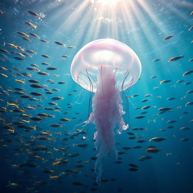 This stunning wallpaper features a majestic jellyfish swimming in the ocean, surrounded by a school of fish. The image captures the beauty and tranquility of the underwater world, making it a perfect addition to any desktop or mobile device.