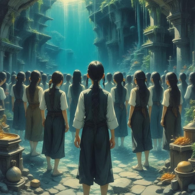 Step into an underwater realm where a group of people gather, their backs turned to the camera, amidst ancient treasures and strange creatures. This captivating anime illustration transports you to an enchanting world, perfect for desktop and mobile wallpapers.