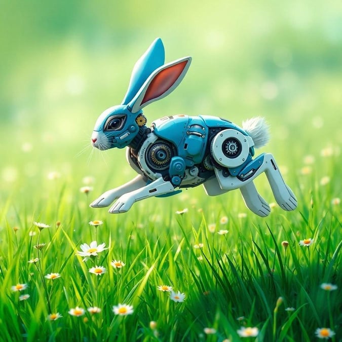 This wallpaper features a detailed digital illustration of a mechanical rabbit jumping through a lush green meadow, creating an anime-like atmosphere.