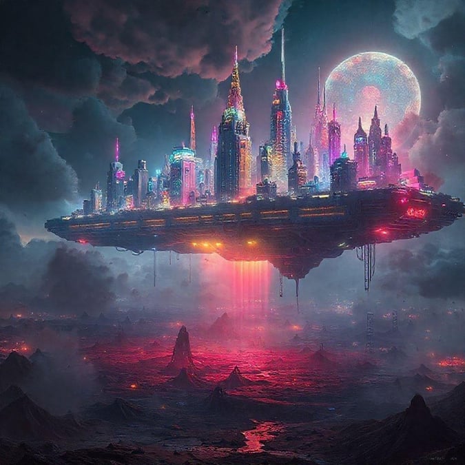 A fantastical city seems to float above a barren landscape under an unusual sky, blending elements of urban architecture with otherworldly features.