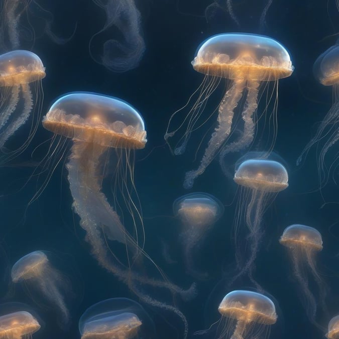 This image captures the serene beauty of jellyfish swimming in the ocean at night, illuminated by the soft glow of the moon. The deep blue background enhances the mesmerizing sight of these creatures floating effortlessly. Under the category 'Weather & Sky', this wallpaper is perfect for desktop or mobile use, bringing a touch of the sea to your digital space.