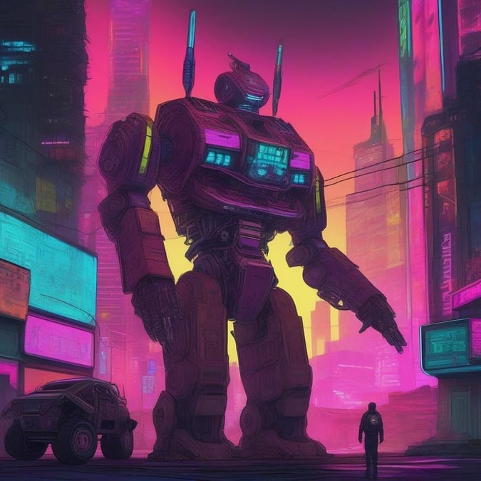 Embrace the futuristic with this neon-lit scene featuring a colossal robot in the heart of a bustling city. The towering mech, adorned with glowing panels and intricate details, is a symbol of the advanced technology at play in this cyberpunk landscape.