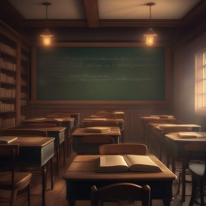 A serene scene from an old-fashioned classroom, ready for students to return.