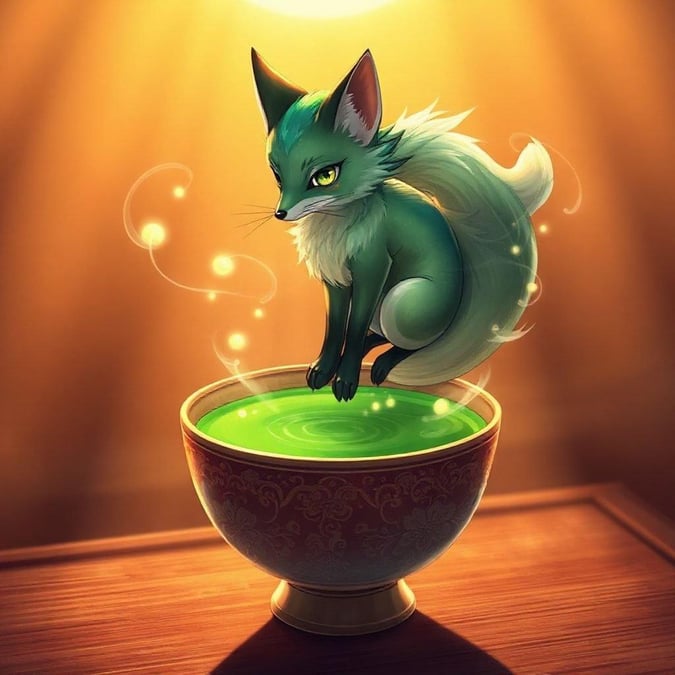 This enchanting anime illustration features a magical fox spirit perched on top of a matcha cup of matcha green tea, set against a warm, glowing background that adds to the whimsical atmosphere.